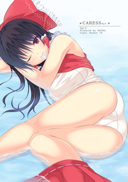 Anime picture 1000x1420 with touhou hakurei reimu iroha (unyun) single long hair tall image light erotic black hair red eyes ass one eye closed wink girl underwear panties bow hair bow condom