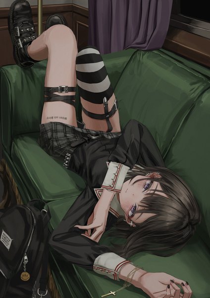 Anime picture 2782x3933 with original nadegata single tall image looking at viewer highres short hair black hair purple eyes indoors lying long sleeves nail polish light smile on back tattoo piercing plaid skirt ear piercing legs up
