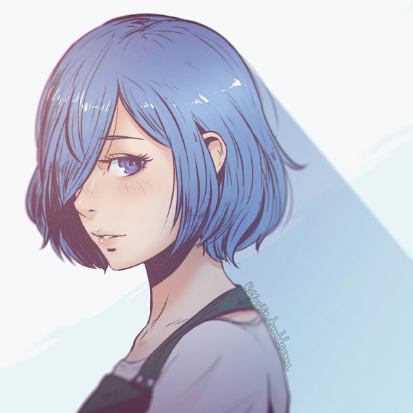 Anime picture 1024x1024 with tokyo ghoul studio pierrot kirishima touka koyoriin single looking at viewer blush fringe short hair simple background smile white background purple eyes signed blue hair parted lips profile lips hair over one eye shadow