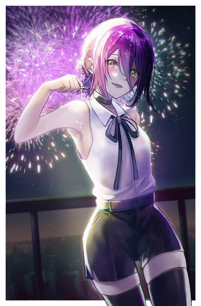 Anime picture 1000x1520 with chainsaw man mappa reze (chainsaw man) imi fumei (imifu-imifu) single tall image looking at viewer blush fringe short hair open mouth hair between eyes green eyes purple hair :d zettai ryouiki sleeveless border outside border fireworks