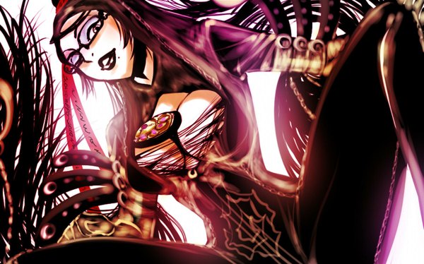 Anime picture 1800x1124 with bayonetta bayonetta (character) single looking at viewer highres breasts light erotic black hair wide image purple eyes very long hair lips eyeshadow girl ribbon (ribbons) hair ribbon glasses bodysuit