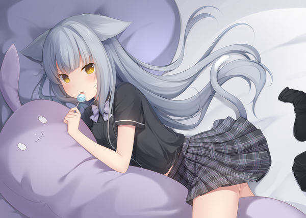 Anime picture 2000x1428 with original nachi single long hair looking at viewer blush fringe highres open mouth holding animal ears yellow eyes payot tail lying blunt bangs animal tail pleated skirt grey hair cat ears