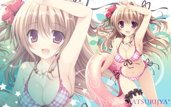 Anime picture 1920x1200 with original nanaroba hana single long hair looking at viewer blush highres breasts open mouth light erotic brown hair large breasts purple eyes bare shoulders holding payot :d arm up hair flower bare belly