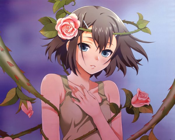 Anime picture 4375x3500 with baka to test to shoukanjuu silver link kinoshita hideyoshi tagme (artist) single fringe highres short hair blue eyes simple background hair between eyes brown hair bare shoulders payot absurdres upper body hair flower hand on chest face otoko no ko