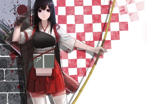 Anime picture 1400x989 with kantai collection akagi aircraft carrier kinven single long hair looking at viewer black hair brown eyes zettai ryouiki checkered checkered background girl thighhighs skirt weapon white thighhighs armor bow (weapon) breastplate muneate
