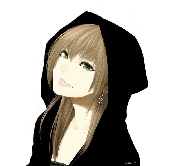 Anime picture 900x862 with original poaro single long hair looking at viewer fringe brown hair white background green eyes signed parted lips head tilt from above portrait pale skin girl earrings hood hoodie