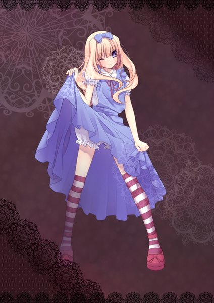 Anime picture 2480x3507 with alice in wonderland alice (wonderland) nana mikoto single long hair tall image highres blue eyes blonde hair smile one eye closed wink dress lift girl thighhighs dress bow hair bow striped thighhighs