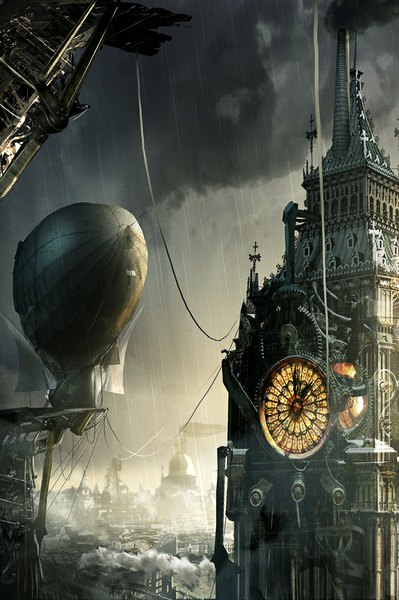 Anime picture 700x1053 with original adam burn tall image sky city rain scenic steam steam punk storm clock aircraft gears cable clock tower dirigible