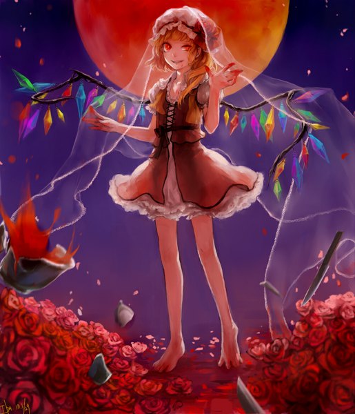 Anime picture 1000x1166 with touhou flandre scarlet noir (ibaraki) single tall image short hair blonde hair smile red eyes signed barefoot red moon girl dress flower (flowers) petals wings rose (roses) moon blood