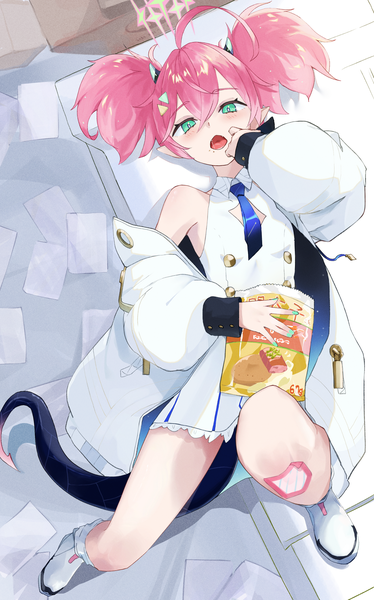 Anime picture 2352x3771 with blue archive momoka (blue archive) chankuro single tall image looking at viewer fringe highres short hair hair between eyes twintails green eyes pink hair ahoge tail lying horn (horns) pointy ears open jacket on back