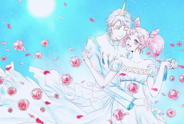 Anime picture 1277x863 with bishoujo senshi sailor moon toei animation chibiusa princess usagi small lady helios ere (1231 kuro 96) blush short hair open mouth smile standing twintails bare shoulders looking away pink hair silver hair eyes closed one eye closed pink eyes horn (horns)