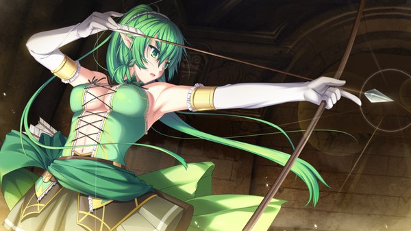 Anime picture 1280x720 with tenbin no la dea eushully single long hair wide image green eyes game cg ponytail green hair pointy ears girl dress gloves weapon elbow gloves bow (weapon)