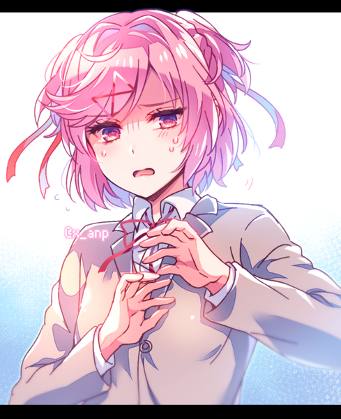 Anime-Bild 734x900 mit doki doki literature club natsuki (doki doki literature club) aicedrop single tall image looking at viewer blush fringe short hair open mouth simple background signed pink hair upper body long sleeves pink eyes arms up sweat two side up twitter username