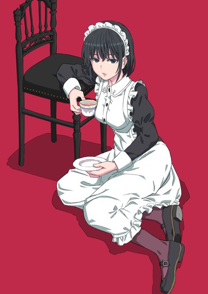 Anime picture 2826x4000 with original tuskryo single tall image looking at viewer fringe highres short hair blue eyes black hair simple background hair between eyes sitting holding full body shadow maid puffy sleeves frilled dress red background