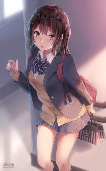 Anime-Bild 749x1200 mit kantai collection sendai light cruiser morigami (morigami no yashiro) single tall image looking at viewer short hair open mouth brown hair brown eyes indoors pleated skirt from above alternate costume sleeves past wrists girl skirt uniform school uniform miniskirt