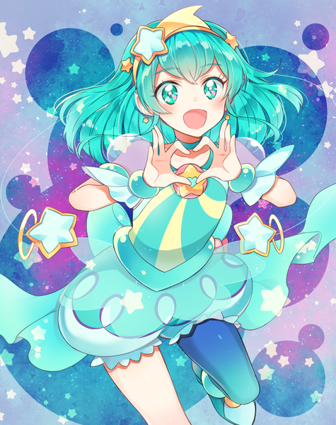 Anime picture 1188x1500 with precure star twinkle precure toei animation hagoromo lala cure milky kaki s single long hair tall image looking at viewer blush fringe open mouth simple background smile hair between eyes standing :d aqua eyes aqua hair