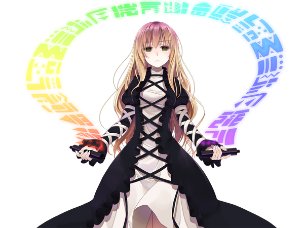 Anime picture 1800x1350 with touhou hijiri byakuren crote single long hair looking at viewer blush fringe highres brown hair standing green eyes multicolored hair gradient hair spread arms transparent background girl dress ribbon (ribbons) sorcerer's sutra scroll