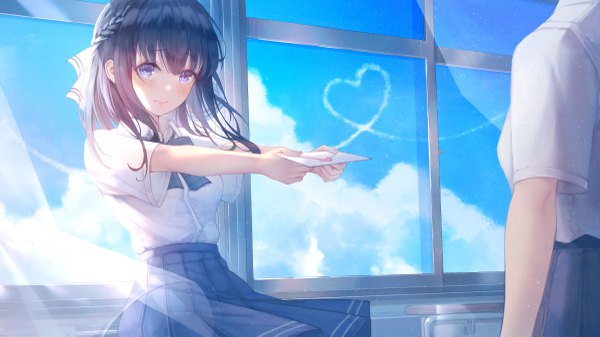 Anime picture 4800x2700 with original immi immi long hair looking at viewer blush fringe highres blue eyes black hair hair between eyes wide image standing multiple girls holding absurdres sky cloud (clouds) indoors braid (braids) pleated skirt