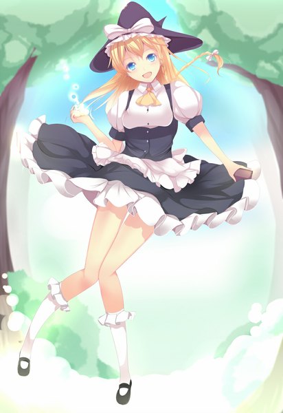 Anime picture 800x1165 with touhou kirisame marisa daiaru single long hair tall image blush open mouth blue eyes blonde hair girl dress bow plant (plants) tree (trees) socks white socks witch hat