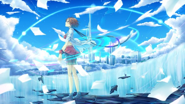 Anime picture 1300x733 with vocaloid meiko sakakidani single blush short hair brown hair wide image brown eyes looking away sky cloud (clouds) girl paper