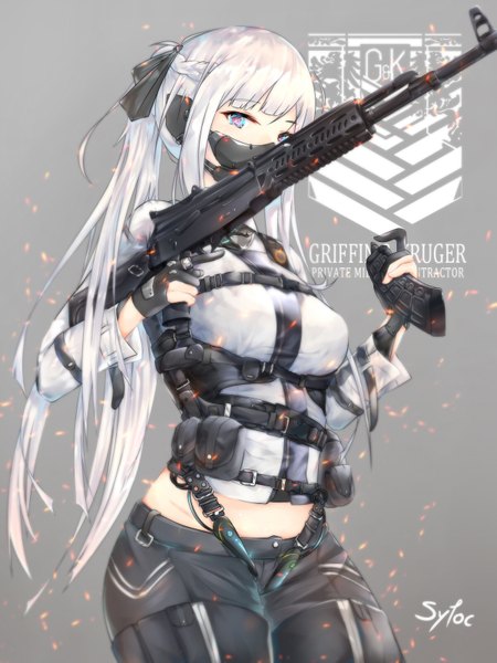 Anime picture 1200x1600 with girls frontline tom clancy's the division ak-12 (girls frontline) sytoc single long hair tall image looking at viewer fringe breasts blue eyes simple background standing holding signed silver hair ponytail blunt bangs braid (braids) grey background