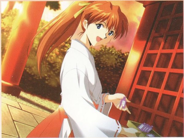 Anime picture 888x668 with neon genesis evangelion gainax soryu asuka langley single long hair looking at viewer fringe blue eyes holding sky cloud (clouds) ahoge outdoors ponytail long sleeves traditional clothes head tilt japanese clothes sunlight scan