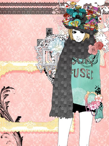 Anime picture 978x1312 with original piyograph single tall image short hair blonde hair looking away nail polish mole mole under eye pink background white skin girl flower (flowers) hat food shorts sweets scarf rose (roses)