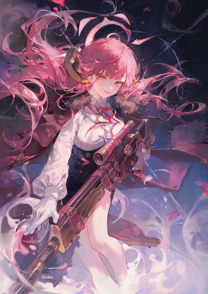 Anime picture 2480x3508 with blue archive aru (blue archive) maccha (mochancc) single long hair tall image looking at viewer fringe highres yellow eyes pink hair horn (horns) clothes on shoulders girl gloves weapon white gloves gun halo rifle