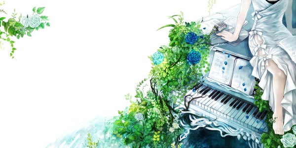 Anime picture 1100x553 with original ut (apt) single wide image sitting barefoot girl dress flower (flowers) plant (plants) petals microphone paper piano