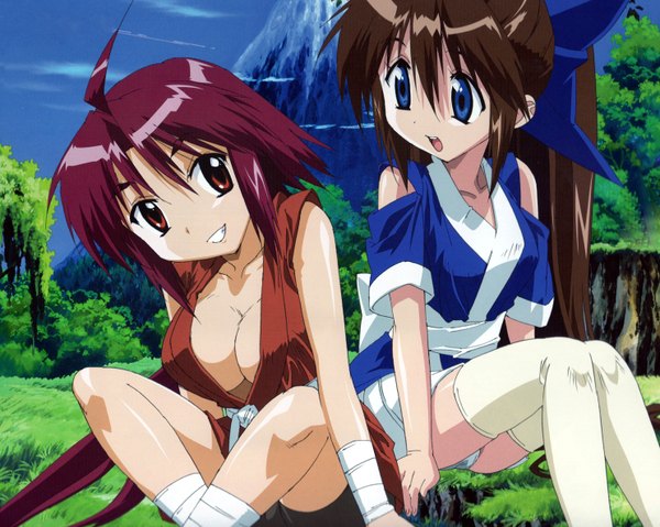 Anime picture 2971x2375 with nagasarete airantou feel (studio) suzu (nagasarete airantou) rin (nagasarete airantou) hosoda naoto long hair blush fringe highres breasts open mouth blue eyes light erotic hair between eyes red eyes brown hair large breasts sitting multiple girls sky