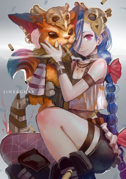 Anime picture 704x1000 with league of legends jinx (league of legends) gnar (league of legends) canking tall image looking at viewer smile bare shoulders blue hair braid (braids) very long hair nail polish pink eyes black eyes grey background character names hug girl thighhighs earrings