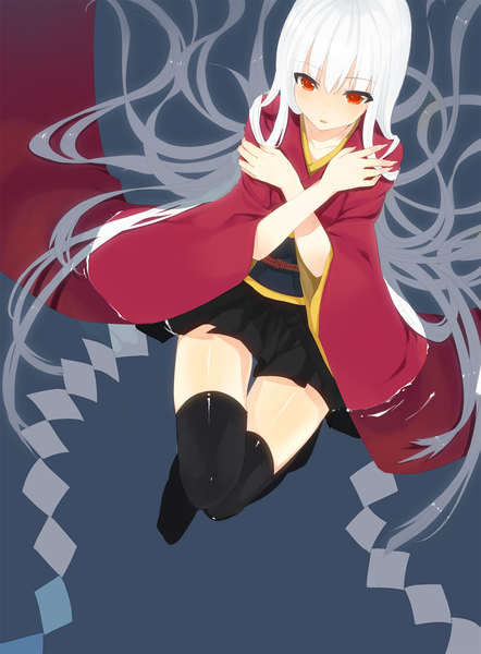 Anime picture 1100x1493 with original kurasawa moko long hair tall image simple background red eyes white hair girl thighhighs black thighhighs