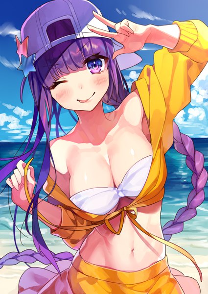 Anime picture 2508x3541 with fate (series) fate/grand order bb (fate) (all) bb (swimsuit mooncancer) (fate) comeo single tall image looking at viewer blush fringe highres breasts light erotic large breasts standing purple eyes sky cleavage purple hair cloud (clouds)