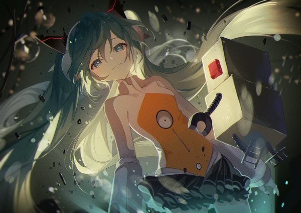 Anime picture 4093x2894 with vocaloid odds & ends (vocaloid) hatsune miku omutatsu single looking at viewer blush fringe highres smile hair between eyes standing absurdres very long hair nail polish aqua eyes aqua hair dutch angle floating hair anaglyph