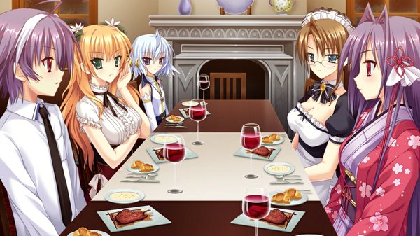 Anime picture 1024x576 with shion no ketsuzoku (game) long hair short hair blue eyes red eyes brown hair wide image multiple girls green eyes game cg purple hair white hair orange hair maid girl boy glasses food 4 girls