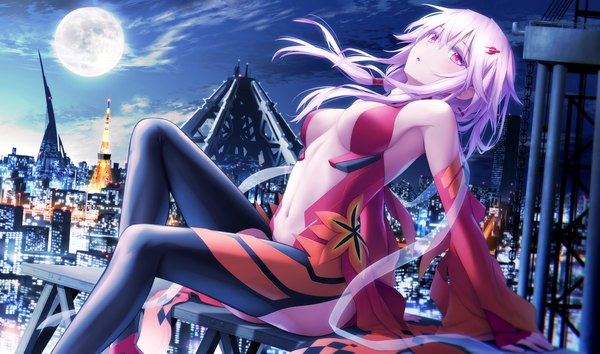 Anime picture 4202x2480 with guilty crown production i.g yuzuriha inori haribote (tarao) single long hair looking at viewer blush fringe highres breasts open mouth light erotic hair between eyes red eyes wide image sitting twintails pink hair absurdres