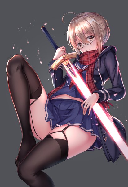 Anime picture 702x1020 with fate (series) fate/grand order artoria pendragon (all) mysterious heroine x (alter) (fate) mysterious heroine x alter (first ascension) (fate) cenangam single tall image fringe short hair light erotic blonde hair simple background smile hair between eyes holding yellow eyes ahoge bent knee (knees) long sleeves