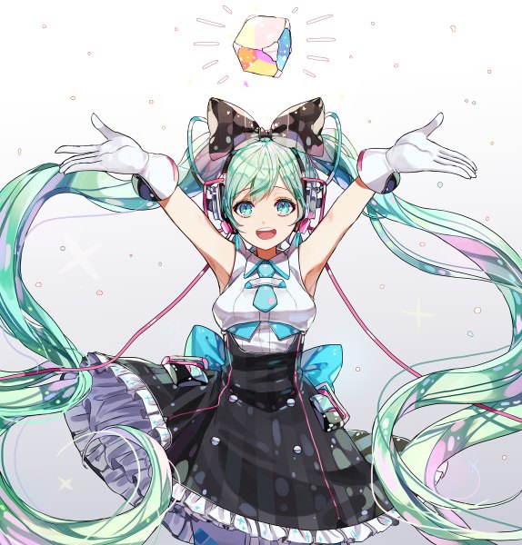Anime picture 1148x1200 with vocaloid magical mirai (vocaloid) hatsune miku magical mirai miku magical mirai miku (2016) kim eb single tall image fringe open mouth twintails very long hair aqua eyes green hair arms up armpit (armpits) gradient background spread arms girl skirt