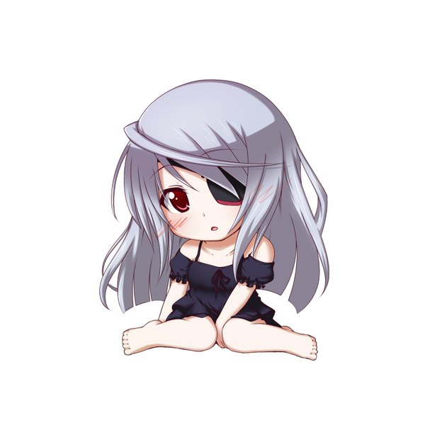 Anime picture 1736x1736 with infinite stratos 8bit laura bodewig kuena long hair highres simple background red eyes white background silver hair chibi girl dress eyepatch