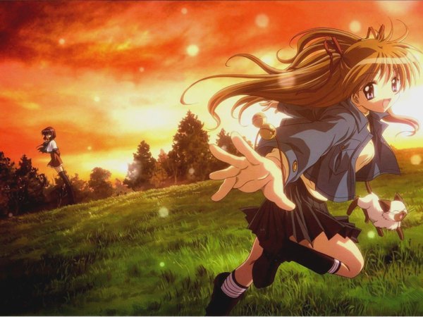 Anime picture 1600x1200 with kanon megatokyo key (studio) sawatari makoto piro amano mishio open mouth brown hair purple eyes multiple girls outdoors :d pleated skirt official art spread arms solo focus running girl skirt ribbon (ribbons)