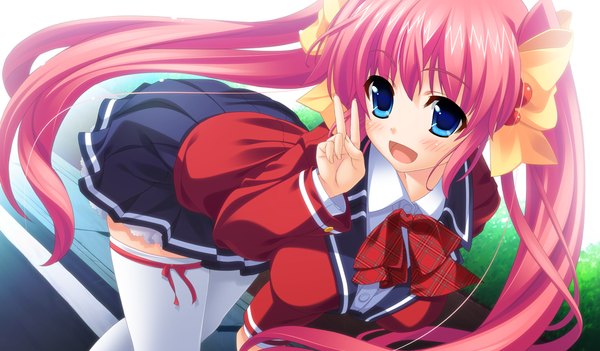 Anime picture 1024x600 with houkago eroge bu! harusaki hinako long hair blush open mouth blue eyes wide image twintails pink hair game cg victory girl thighhighs skirt uniform bow hair bow school uniform miniskirt white thighhighs