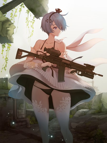 Anime picture 1500x2000 with girls frontline zas m21 (girls frontline) toriseru (thesuperhero) single tall image fringe short hair light erotic hair between eyes standing purple eyes bare shoulders holding blue hair looking away outdoors parted lips wind ass visible through thighs expressionless