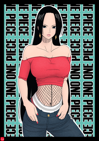 Anime picture 1280x1811 with one piece toei animation boa hancock chris re5 single long hair tall image looking at viewer breasts blue eyes black hair standing bare shoulders signed nail polish fingernails lips copyright name lipstick border