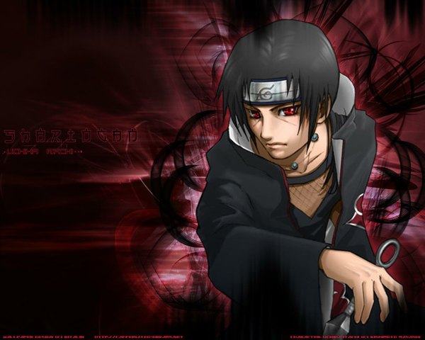 Anime picture 1280x1024 with naruto studio pierrot naruto (series) uchiha itachi black hair red eyes akatsuki sharingan weapon forehead protector kunai