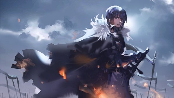 Anime picture 1100x620 with original pixiv fantasia pixiv fantasia t kishiyo single looking at viewer fringe short hair wide image purple eyes sky purple hair cloud (clouds) wind hair over one eye sheathed boy weapon sword belt