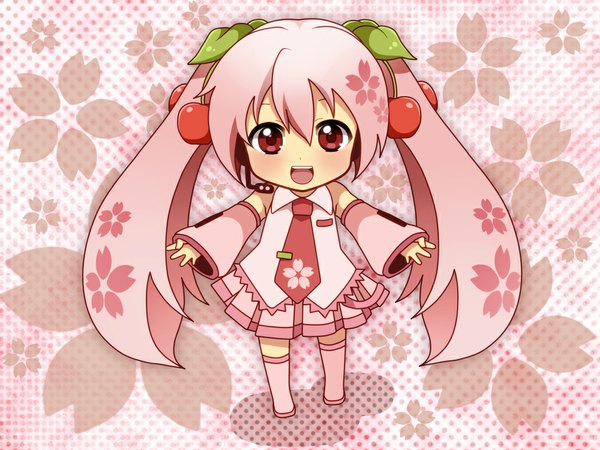 Anime picture 1024x768 with vocaloid hatsune miku sakura miku tagme (artist) open mouth red eyes twintails pink hair chibi alternate color girl flower (flowers) detached sleeves necktie food headphones fruit berry (berries) cherry