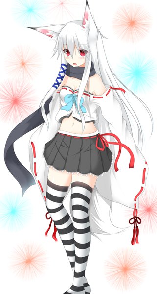 Anime picture 1805x3374 with original masa000010 single long hair tall image looking at viewer blush fringe highres open mouth light erotic hair between eyes red eyes standing bare shoulders animal ears bent knee (knees) white hair tail animal tail