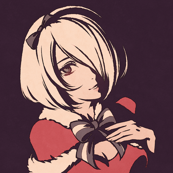 Anime picture 1080x1080 with nier nier:automata yorha no. 2 type b moshimoshibe single fringe short hair breasts blonde hair looking away light smile hair over one eye portrait dark background polychromatic high contrast blending girl headband santa claus costume