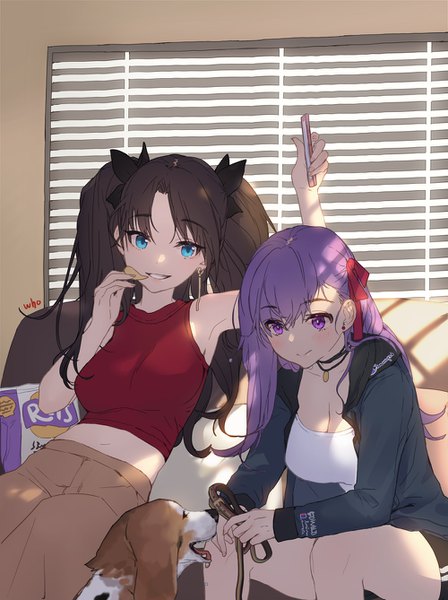 Anime picture 1000x1338 with fate (series) fate/stay night toosaka rin matou sakura whoisshe long hair tall image looking at viewer blush breasts blue eyes black hair smile sitting purple eyes multiple girls cleavage purple hair open jacket midriff