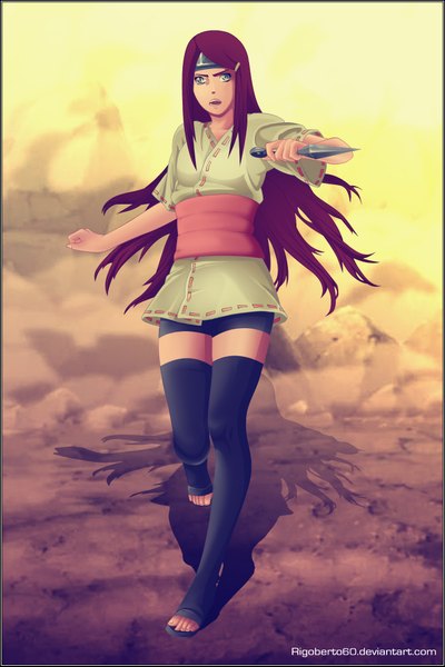 Anime picture 1360x2037 with naruto studio pierrot naruto (series) uzumaki kushina single long hair tall image looking at viewer open mouth blue eyes standing red hair inscription teeth shadow jinchuriki girl thighhighs hair ornament black thighhighs